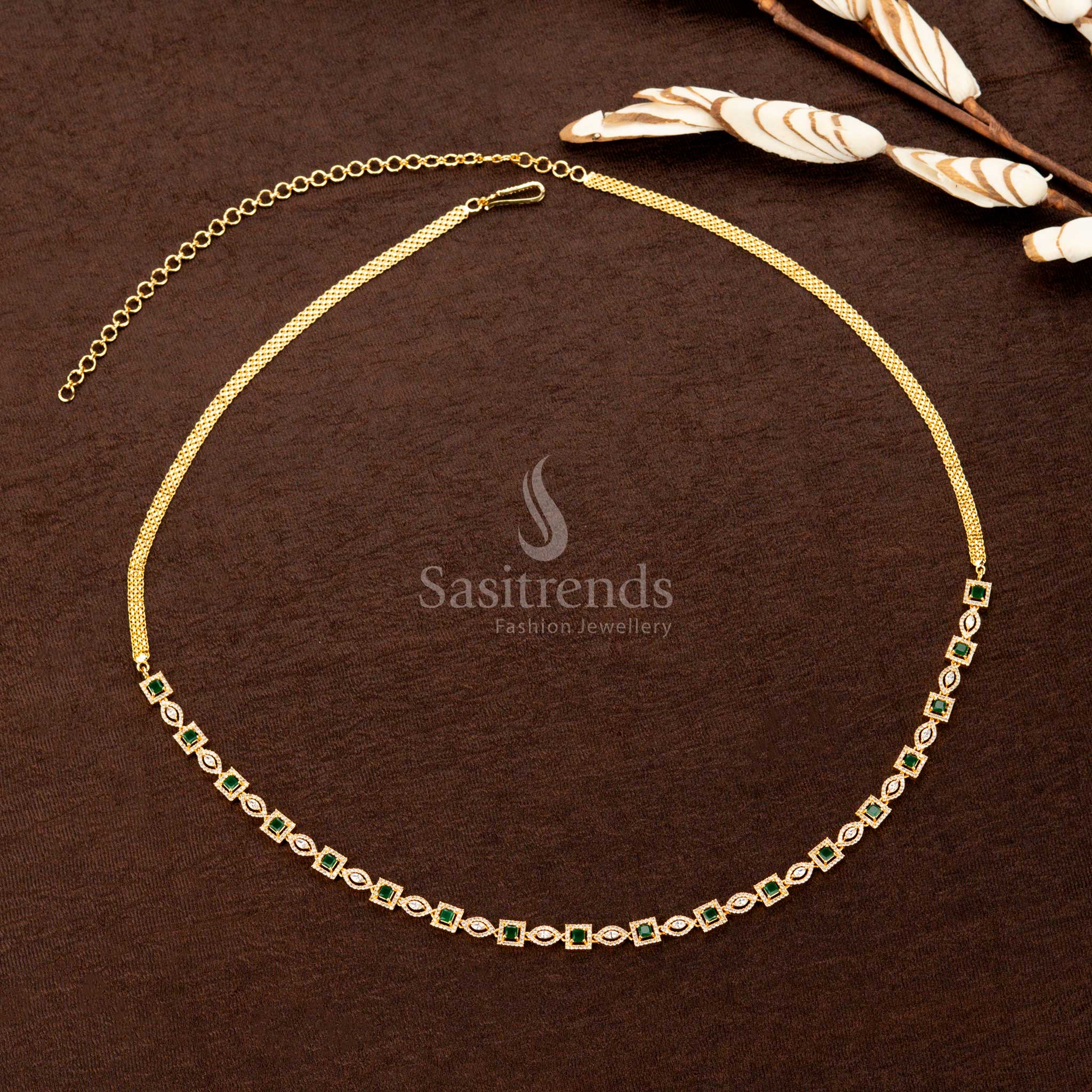 Graceful green American diamond gold-plated single-line hip belt featuring radiant square and navette stones, a classic finish, and exquisite detailing—ideal for traditional sarees and festive styling - Sasitrends