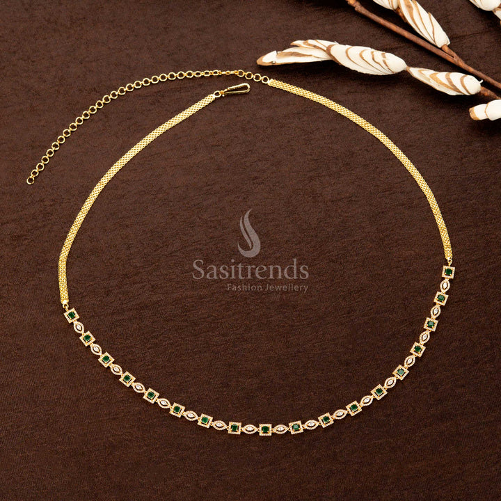 Graceful green American diamond gold-plated single-line hip belt featuring radiant square and navette stones, a classic finish, and exquisite detailing—ideal for traditional sarees and festive styling - Sasitrends