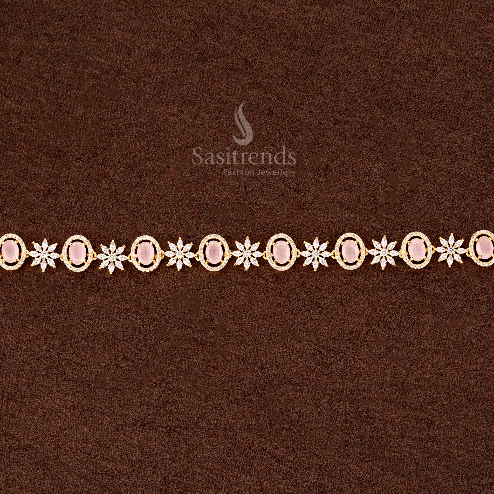 Blush pink gold-plated hip chain adorned with shimmering American diamonds, an exquisite oval gemstone - Sasitrends