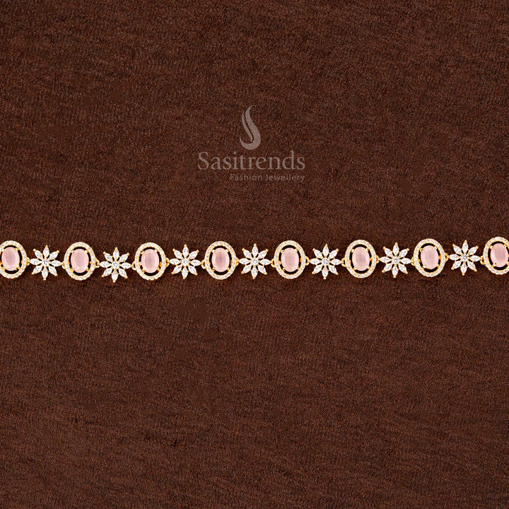 Blush pink gold-plated hip chain adorned with shimmering American diamonds, an exquisite oval gemstone - Sasitrends