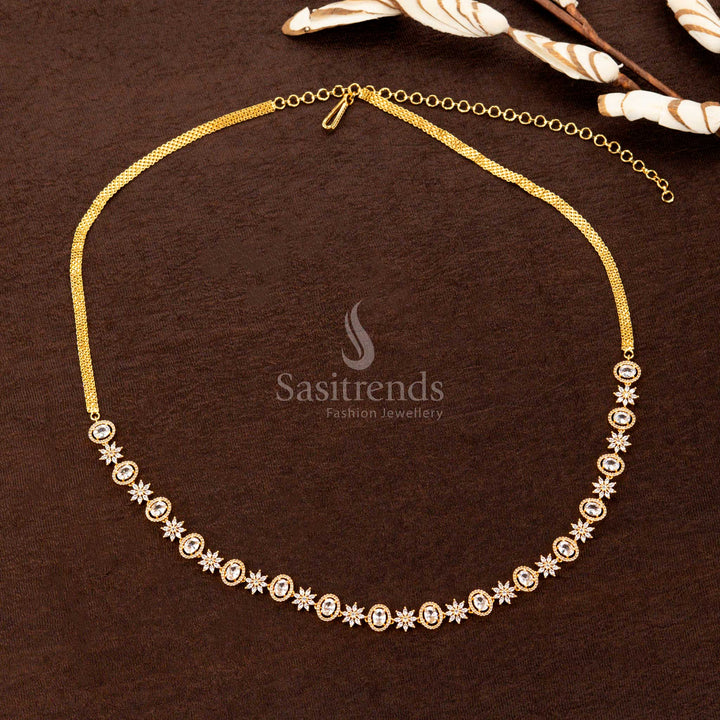 Elegant pure white American diamond hip chain with a lustrous oval stone, refined floral craftsmanship, and a sophisticated touch—an impeccable choice for traditional occasions - Sasitrends
