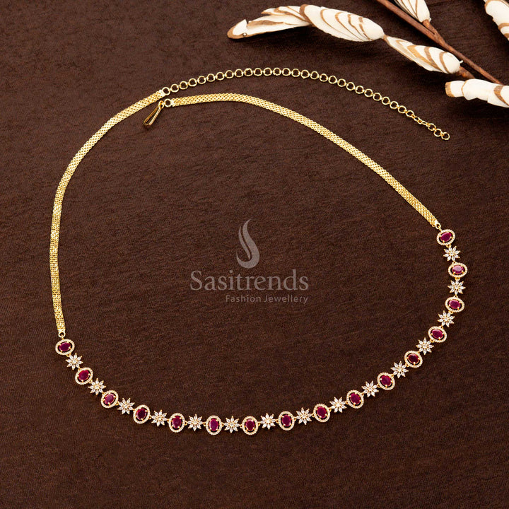 Radiant ruby American diamond hip chain with a glowing oval stone, classic floral detailing, and fine craftsmanship—an ideal jewellery piece for weddings and festive occasions - Sasitrends