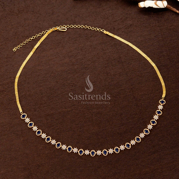 Deep Blue American diamond hip chain with an intricate floral pattern, radiant stonework, and regal craftsmanship—ideal for weddings, traditional wear, and ethnic occasions - Sasitrends