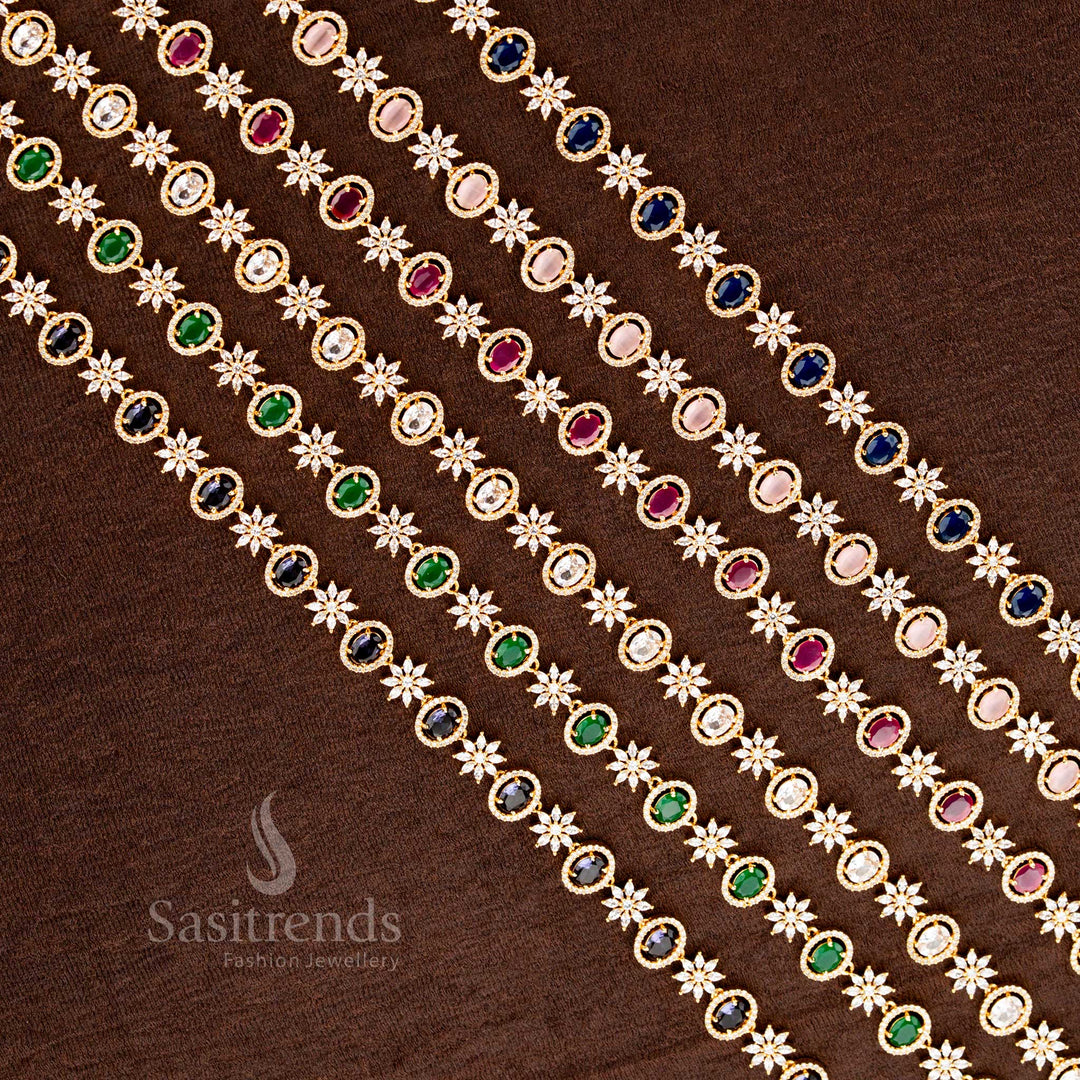 Timeless American diamond gold-plated hip belt with a brilliant oval stone, exquisite floral patterns, and a classic elegance—ideal for bridal sarees and festive outfits - Sasitrends