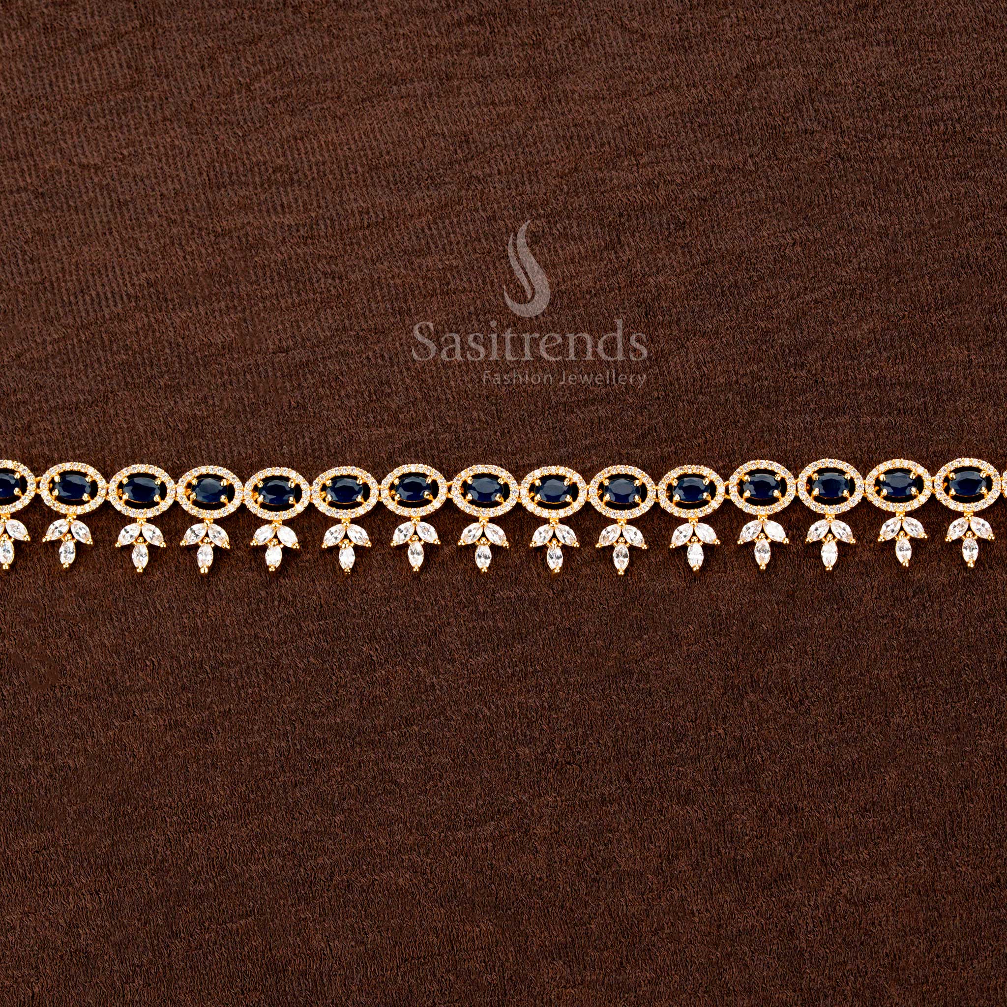 American Diamond Hip Belt with Blue Oval Stones and Central Ring - Sasitrends
