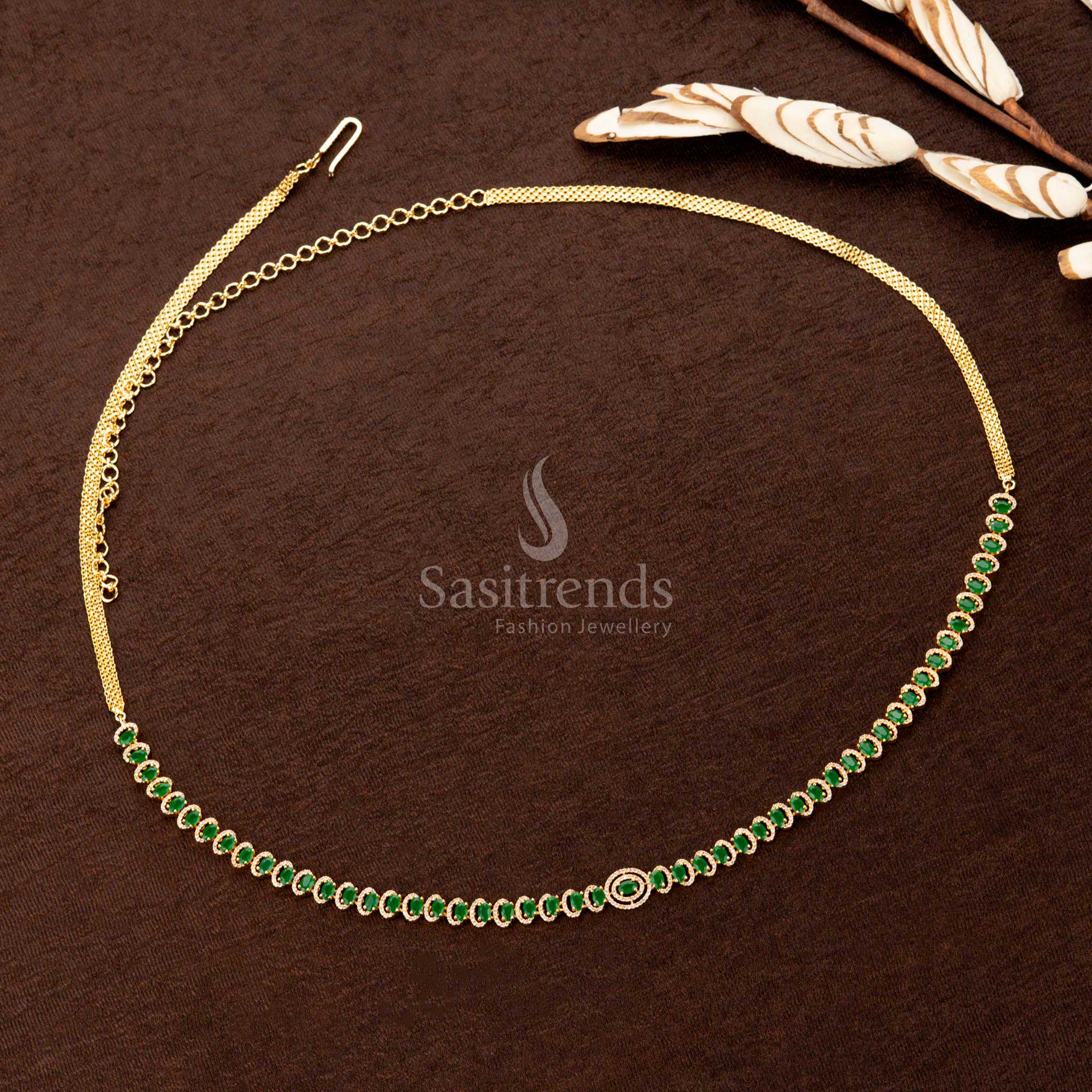 American Diamond Hip Belt with Green Oval Stones and Central Ring - Sasitrends