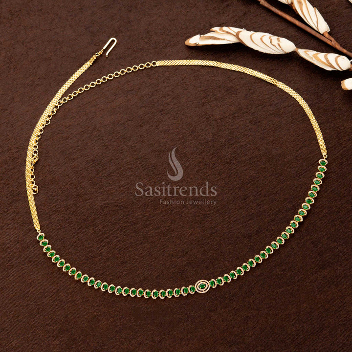 Stunning American Diamond Gold Plated Hip Belt – Green Oval Stone Single Line Design with Center Ring Motif | Adjustable Saree Chain  - Sasitrends