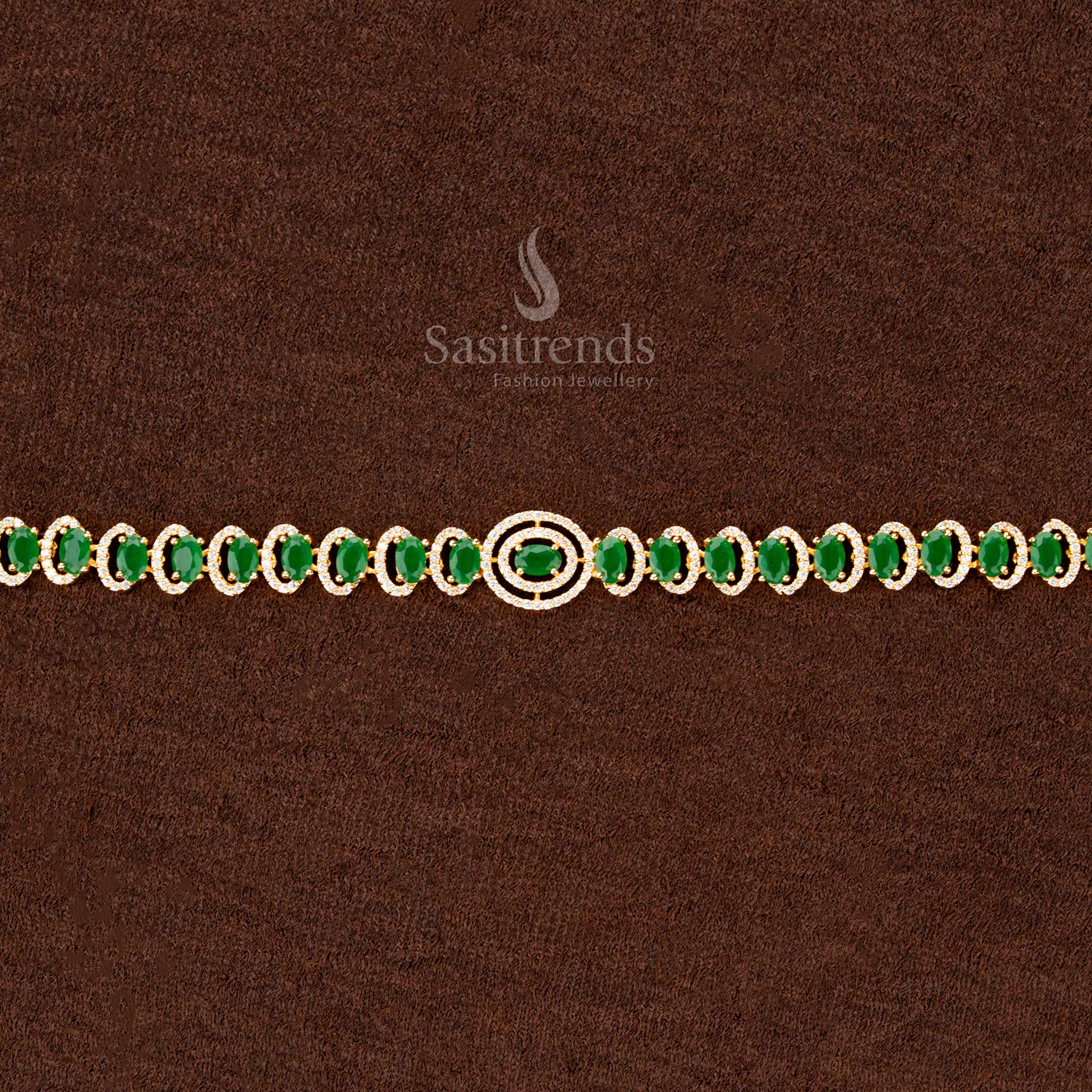 Stunning American Diamond Gold Plated Hip Belt – Green Oval Stone Single Line Design with Center Ring Motif | Adjustable Saree Chain  - Sasitrends - Sasitrends