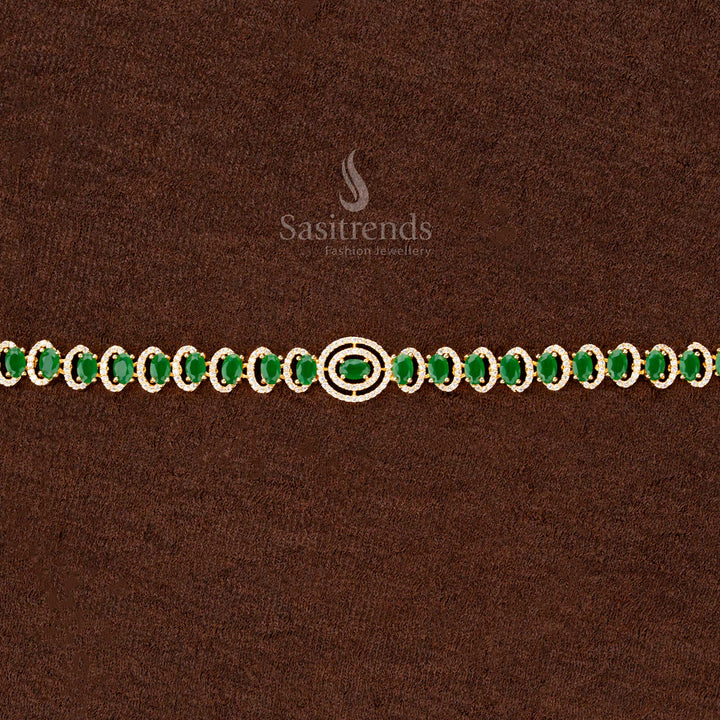 Stunning American Diamond Gold Plated Hip Belt – Green Oval Stone Single Line Design with Center Ring Motif | Adjustable Saree Chain  - Sasitrends - Sasitrends