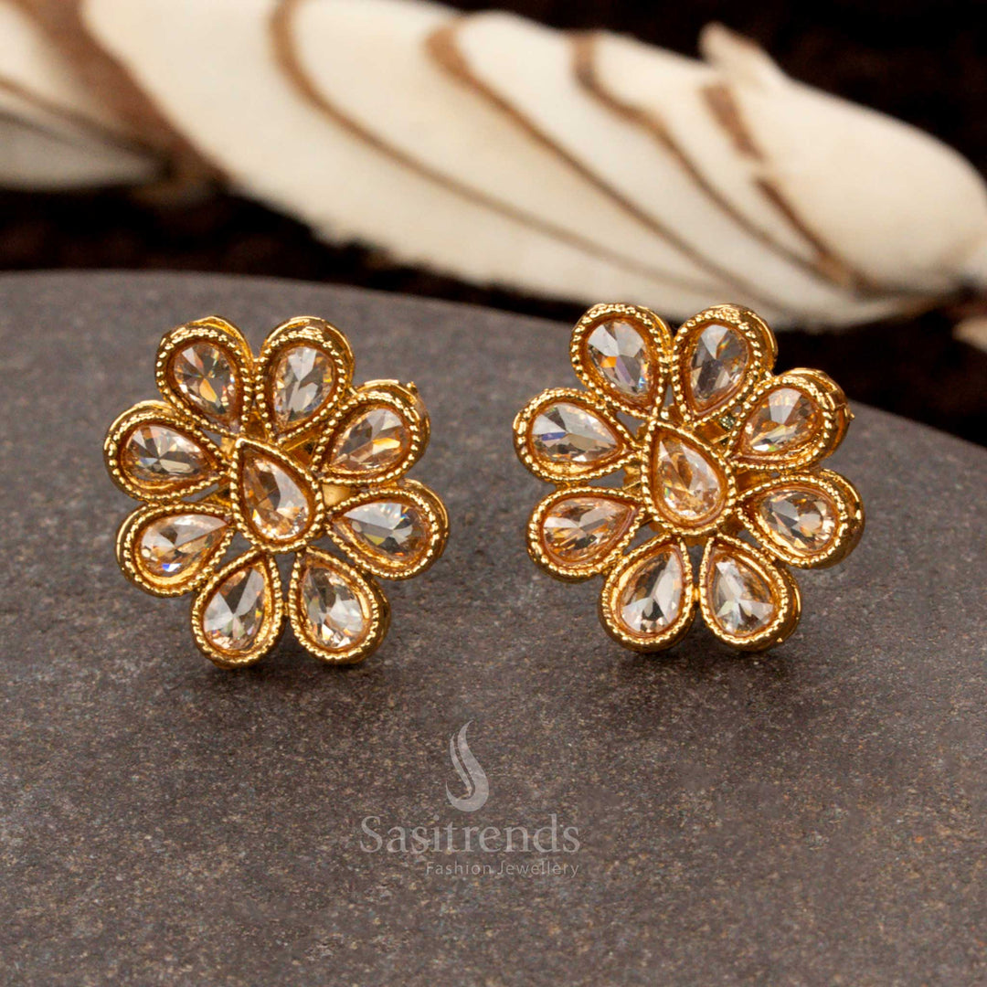 Antique gold polish stud earrings with intricate floral stone design - Sasitrends