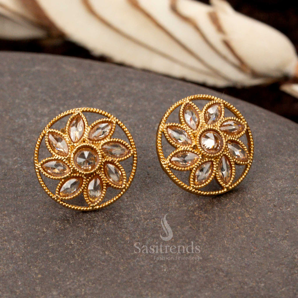 Elegant antique gold-plated stud earrings with a detailed floral pattern - Sasitrends