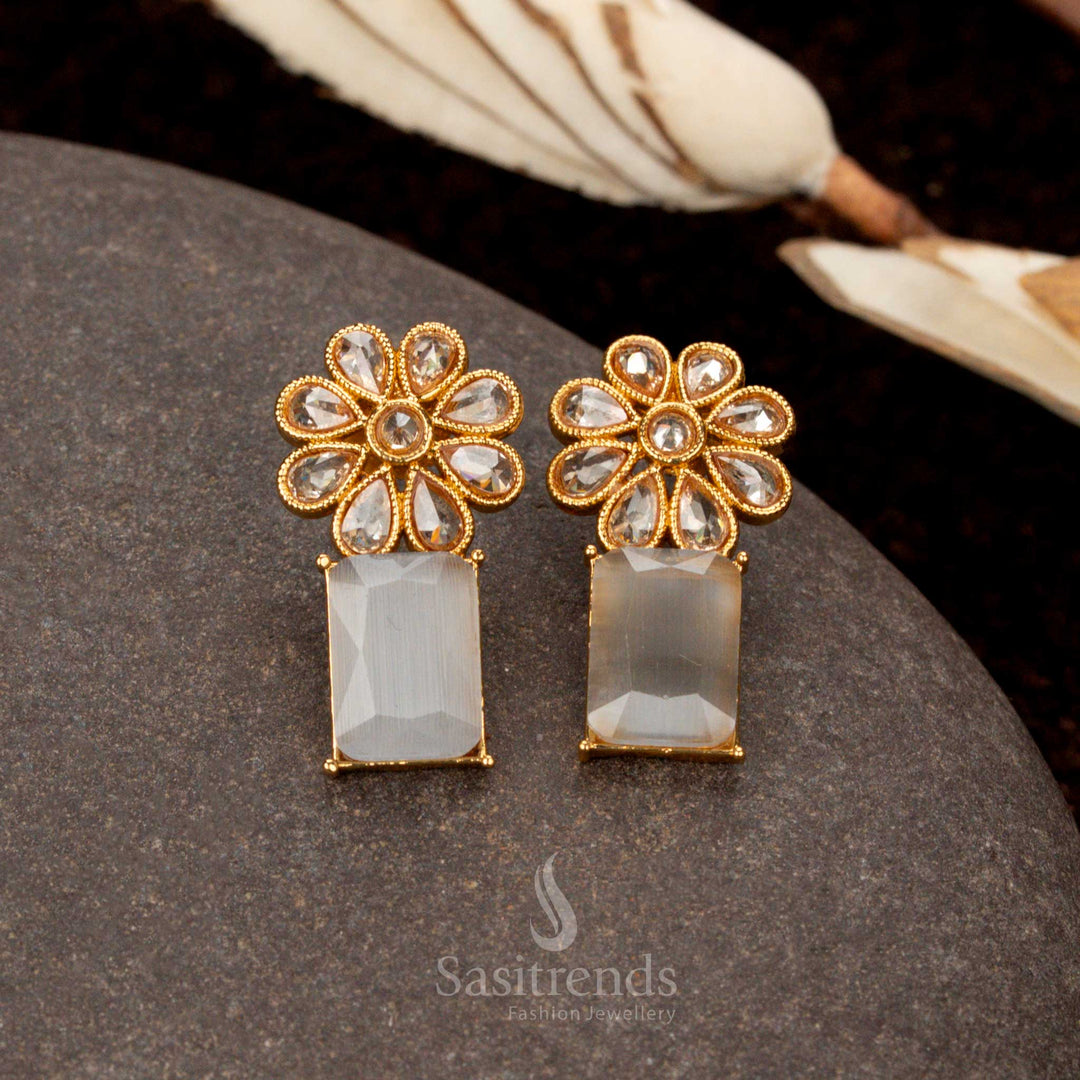 Stunning antique gold-plated white stone earrings, designed with a classic floral and rectangular pattern, a timeless traditional jewellery accessory for women - Sasitrends