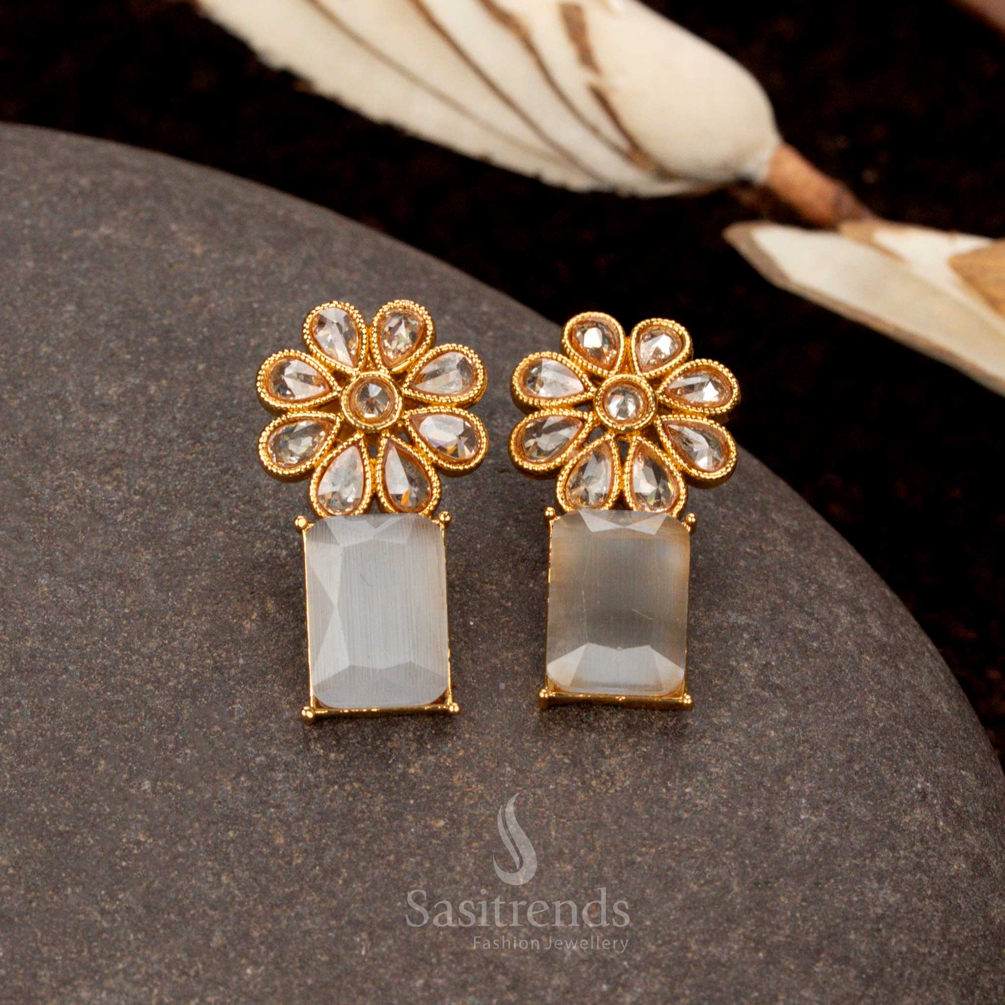 Stunning antique gold-plated white stone earrings, designed with a classic floral and rectangular pattern, a timeless traditional jewellery accessory for women - Sasitrends