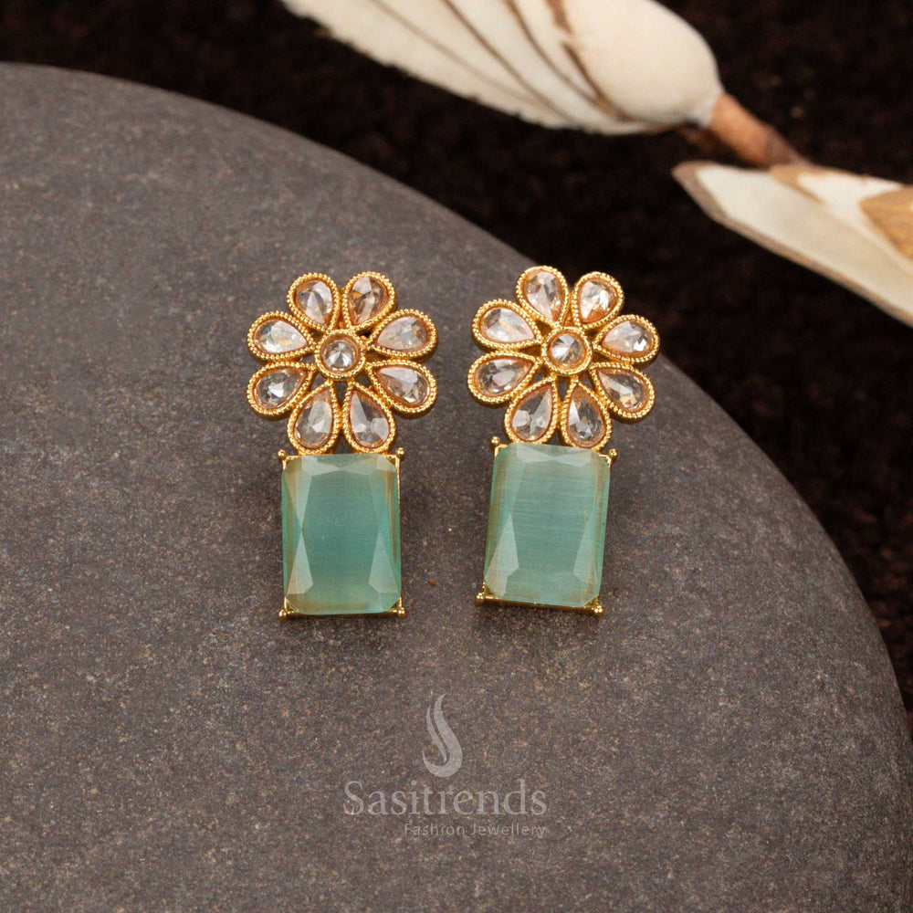Luxury mint antique gold earrings, exquisitely crafted with floral and rectangular elements, a must-have ethnic jewellery piece for party wear - Sasitrends