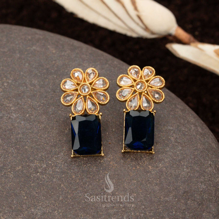 Antique gold-plated trendy dark-blue stone earrings, featuring a floral and rectangular design, a premium women’s traditional jewellery accessory - Sasitrends