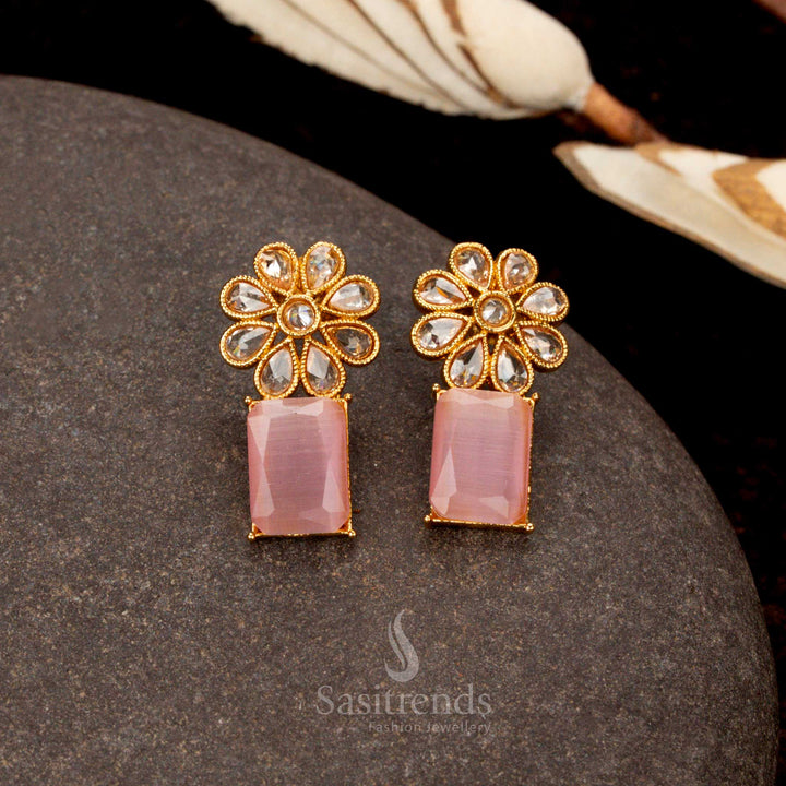 Stunning antique gold-plated pink stone earrings, featuring floral and rectangular designs, a must-have traditional jewellery piece for women - Sasitrends