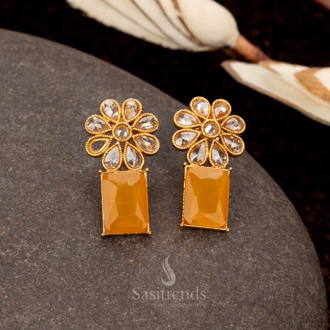 Stylish Antique Gold Plated Trendy Stone Earrings with Floral Rectangular  Design For Special Occasions Sasitrends