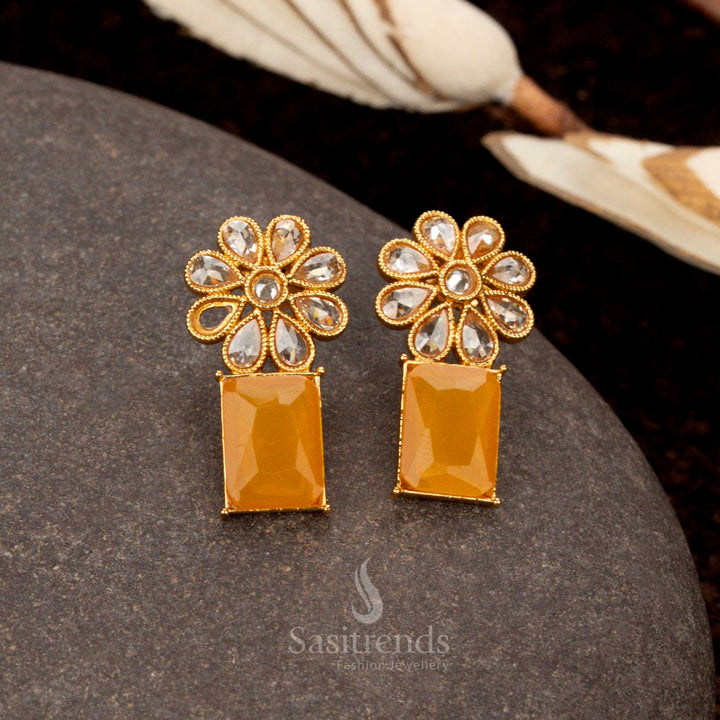 Exclusive yellow antique gold earrings, beautifully crafted with floral and rectangular motifs, a must-have party wear and traditional jewellery choice for women - Sasitrends