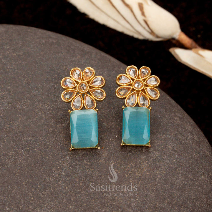 Luxury antique sky-blue earrings, micro gold-polished with floral and rectangular motifs, a classic bridal jewellery piece for women - Sasitrends