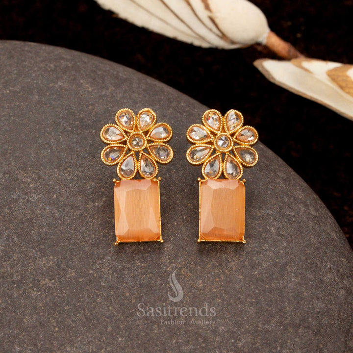 Stunning antique gold-plated orange stone earrings, designed with floral and rectangular accents, a traditional jewellery masterpiece for women - Sasitrends