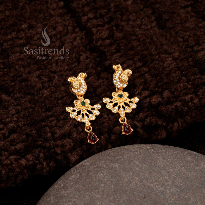 High-quality classic temple Earrings with matte gold-plated finish and teardrop stones - Sasitrends