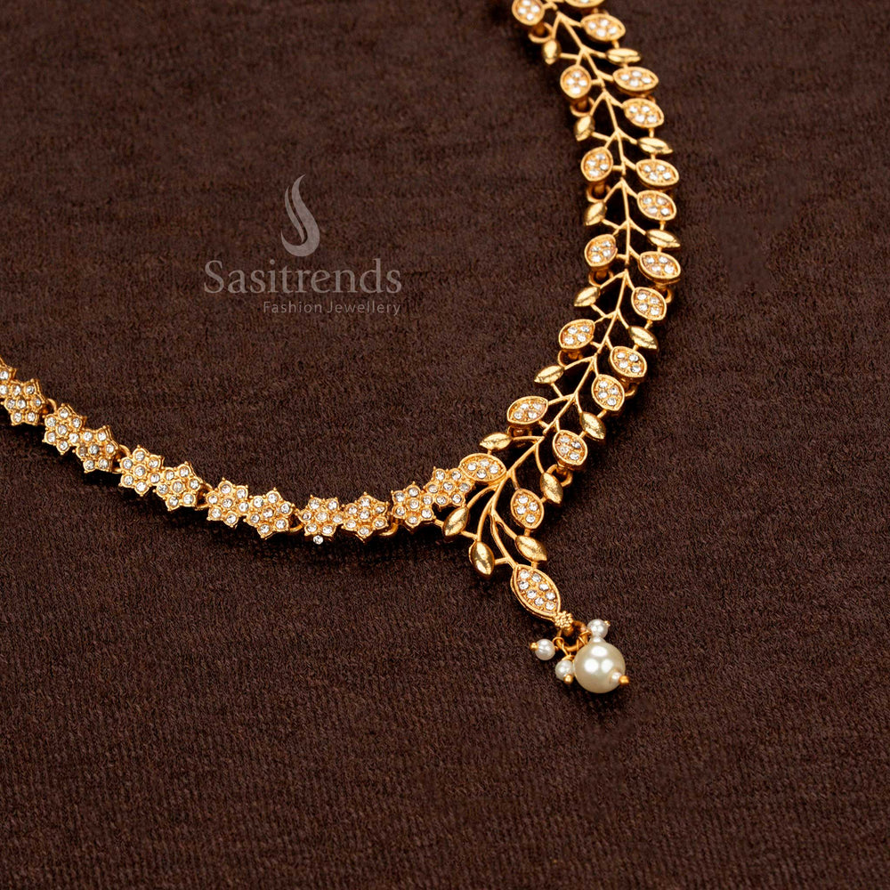 Exquisite leaf-inspired necklace set with brilliant stone embellishments and pearl drops - Sasitrends