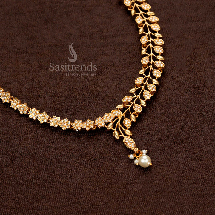 Exquisite leaf-inspired necklace set with brilliant stone embellishments and pearl drops - Sasitrends
