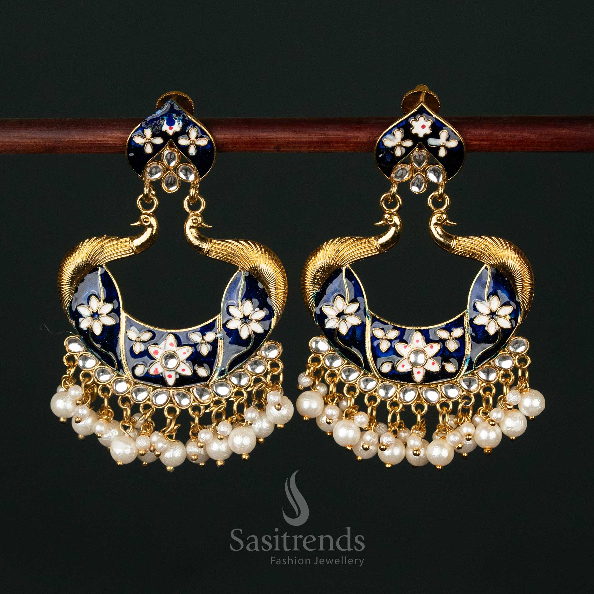Stunning blue gold plated painted peacock pearl earrings with an exquisite handcrafted touch, ideal for royal traditional occasions - Sasitrends
