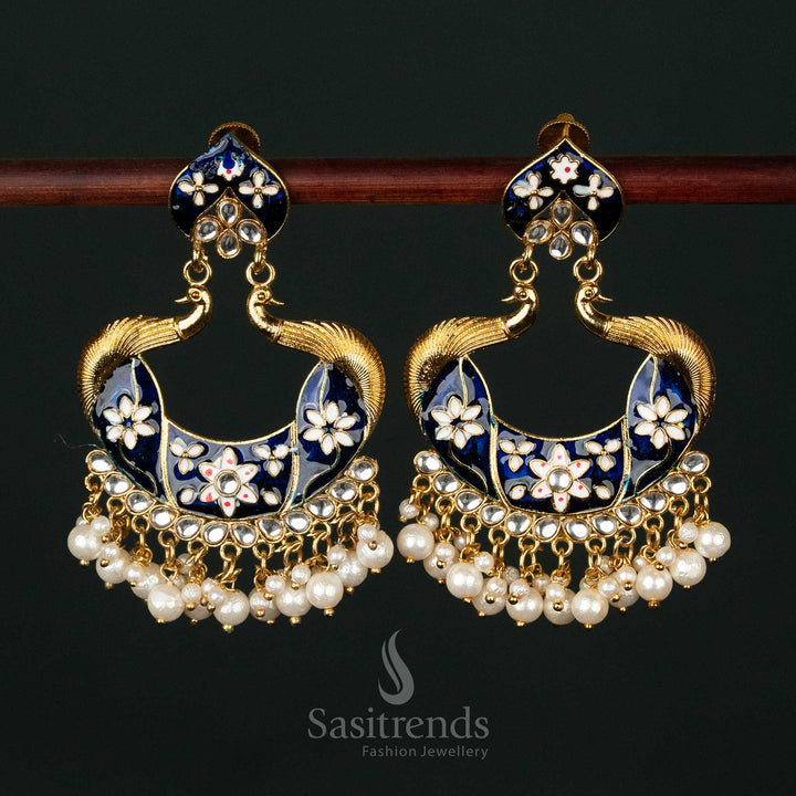 Stunning blue gold plated painted peacock pearl earrings with an exquisite handcrafted touch, ideal for royal traditional occasions - Sasitrends