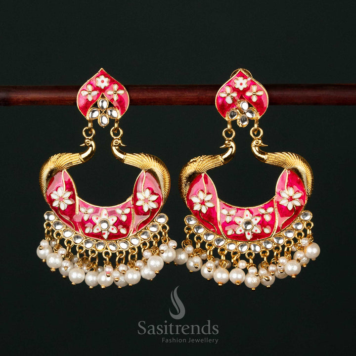 Gorgeous pink gold plated painted peacock pearl earrings with fine artistry, a mesmerizing handmade piece for bridal and festive wear - Sasitrends