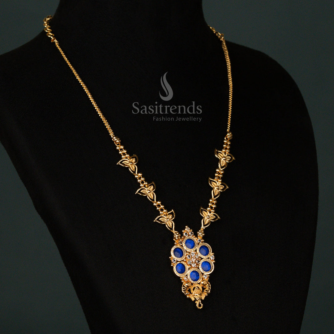 Majestic Kerala-style one gram micro gold plated blue-white Palakka necklace, adorned with a divine Vinayagar motif, shimmering AD stones, and beads - Sasitrends