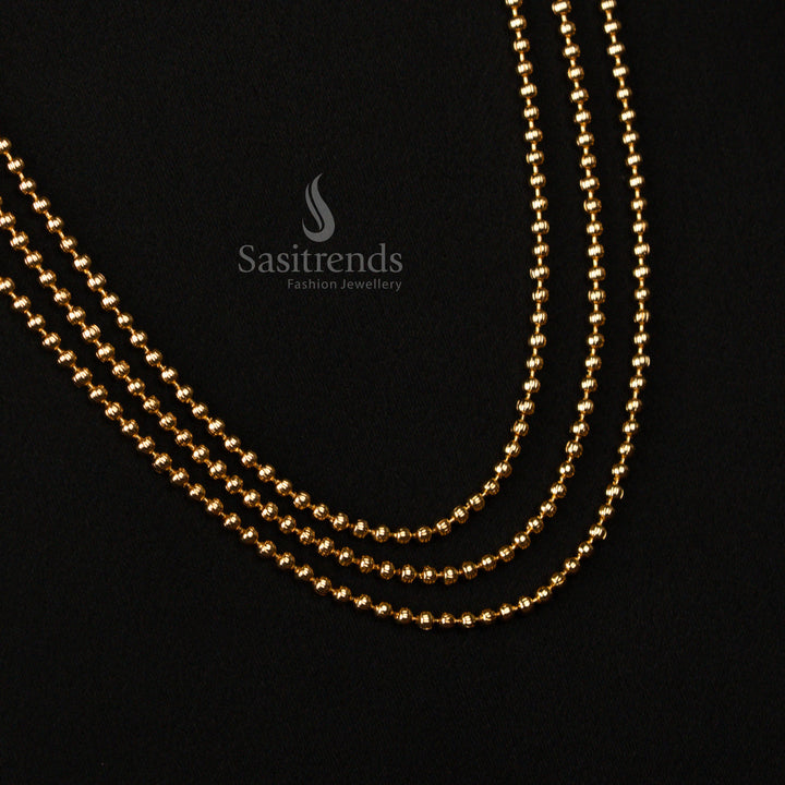 Exquisite micro gold plated three-layer Kerala Palakka Haram necklace in vibrant blue, royally adorned with fine detailing, a magnificent festive appeal, and an ethnic jewellery allure - Sasitrends