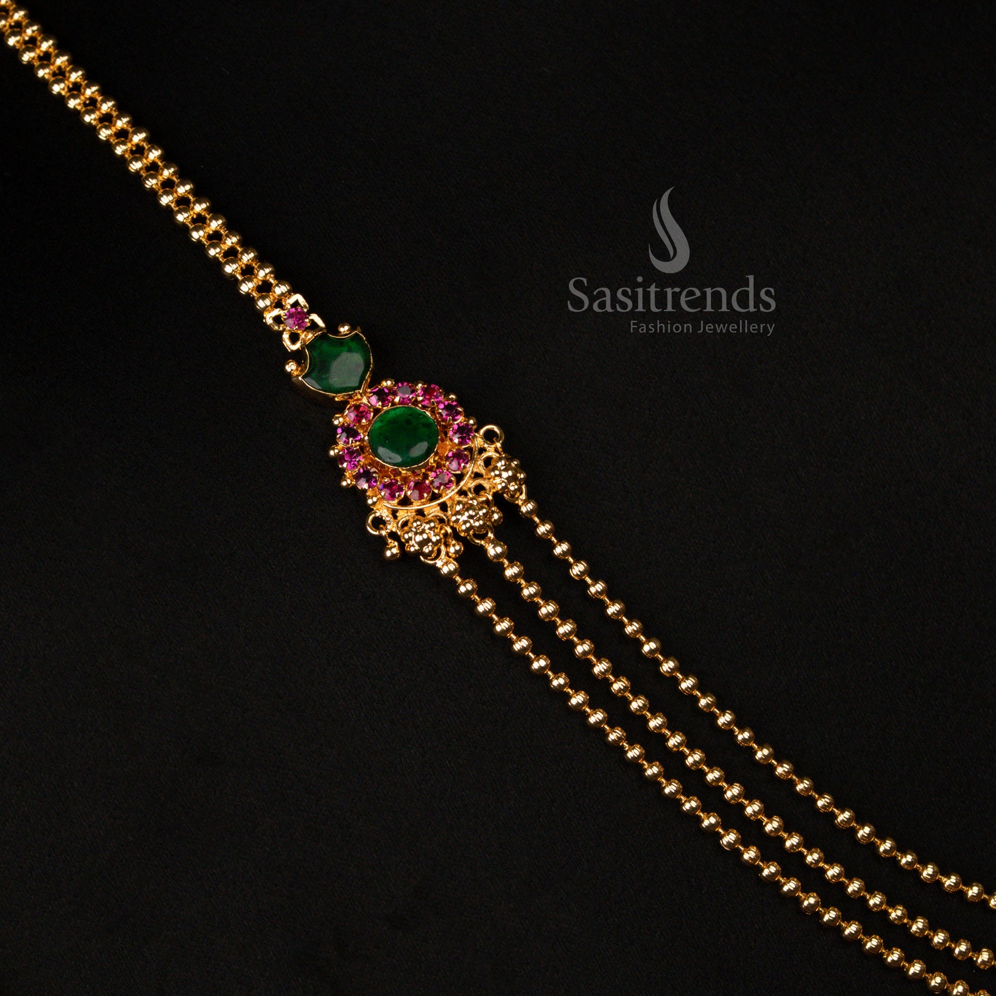 Resplendent micro gold plated three-layer Palakka Haram necklace in luminous green, with royal handcrafted details, reflecting traditional opulence and an extravagant jewellery design - Sasitrends