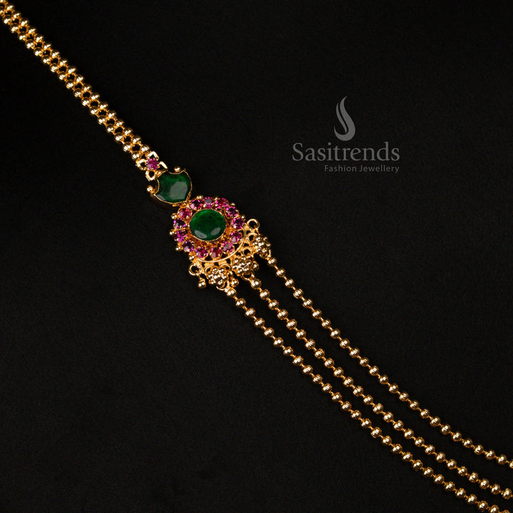 Resplendent micro gold plated three-layer Palakka Haram necklace in luminous green, with royal handcrafted details, reflecting traditional opulence and an extravagant jewellery design - Sasitrends