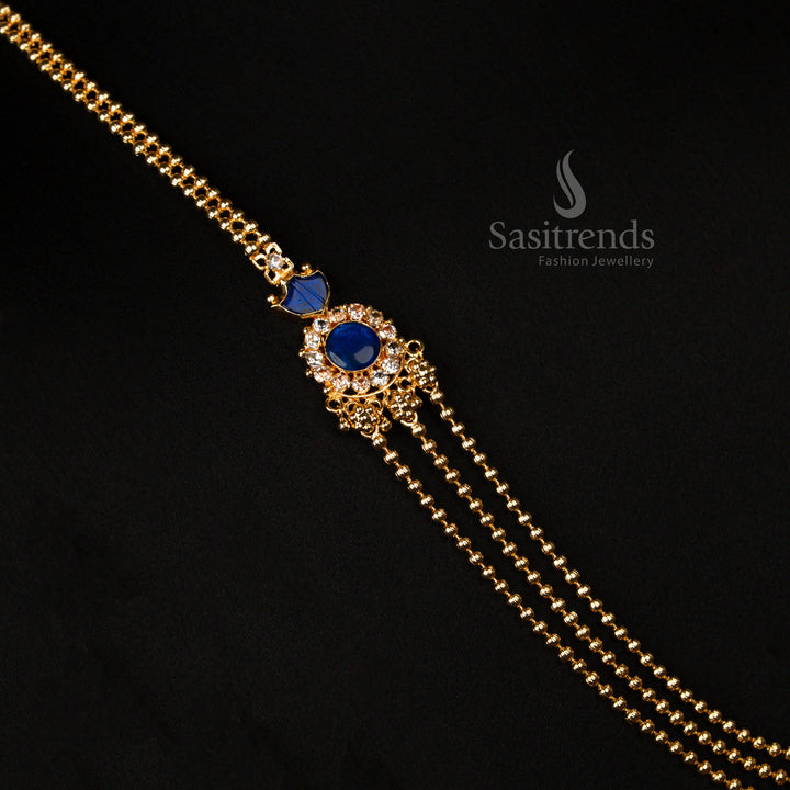 Heritage micro gold plated Kerala-style Palakka Haram necklace in lustrous blue, detailed with three layers of intricate ball accents and a timeless ethnic festive jewellery charm - Sasitrends