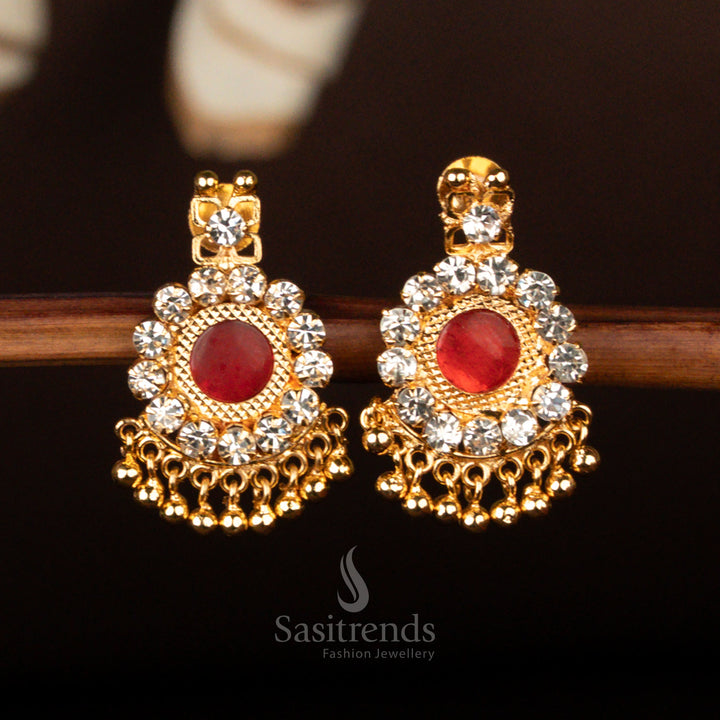 One gram micro gold plated Round Palakka earrings, adorned with AD stones and golden beads, guaranteed real gold look – Sasitrends