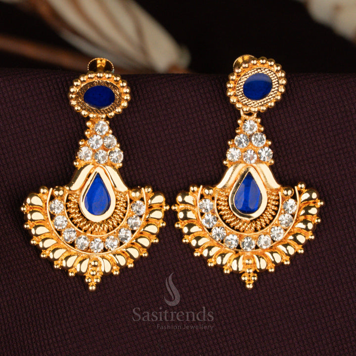 One gram micro gold plated Tear Drop Palakka Earrings, featuring round stud design, AD stones, and delicate beadwork, guaranteed real gold look – Sasitrends