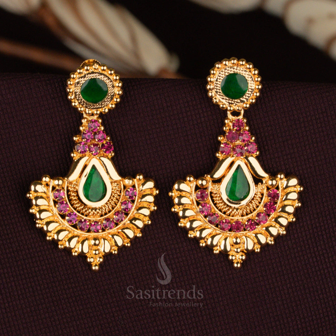 Kerala-style 24-carat pure gold plated Tear Drop Hanging Palakka Earrings, adorned with AD stones and intricate detailing – Sasitrends