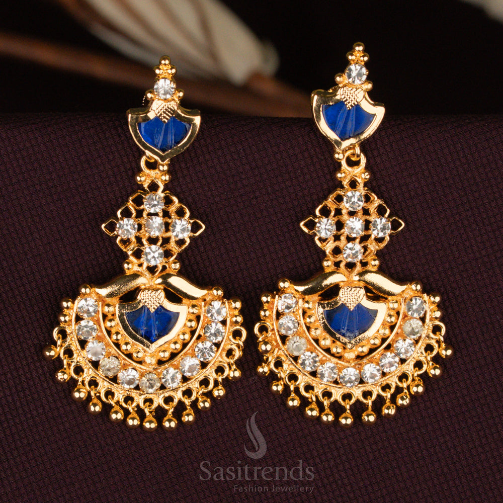 One gram micro gold plated Palakka Earrings, featuring hanging fan-shaped design, AD stones, and beadwork, guaranteed real gold look – Sasitrends