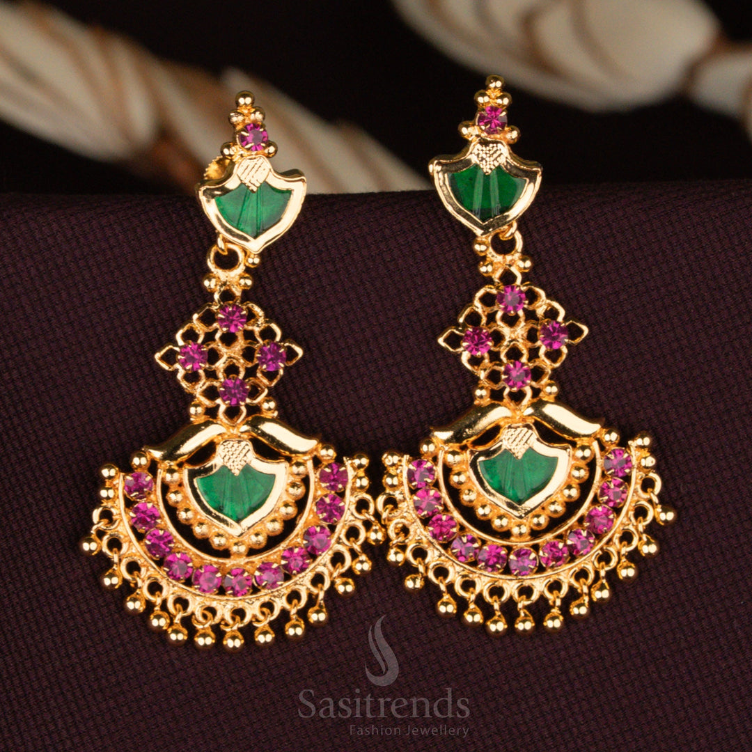 Kerala-style 24-carat pure gold plated Palakka Hanging Earrings, adorned with AD stones and golden bead detailing – Sasitrends