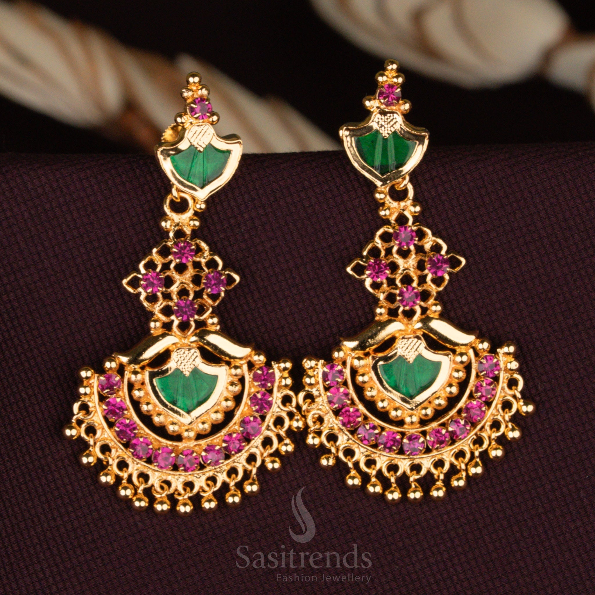 Kerala-style 24-carat pure gold plated Palakka Hanging Earrings, adorned with AD stones and golden bead detailing – Sasitrends