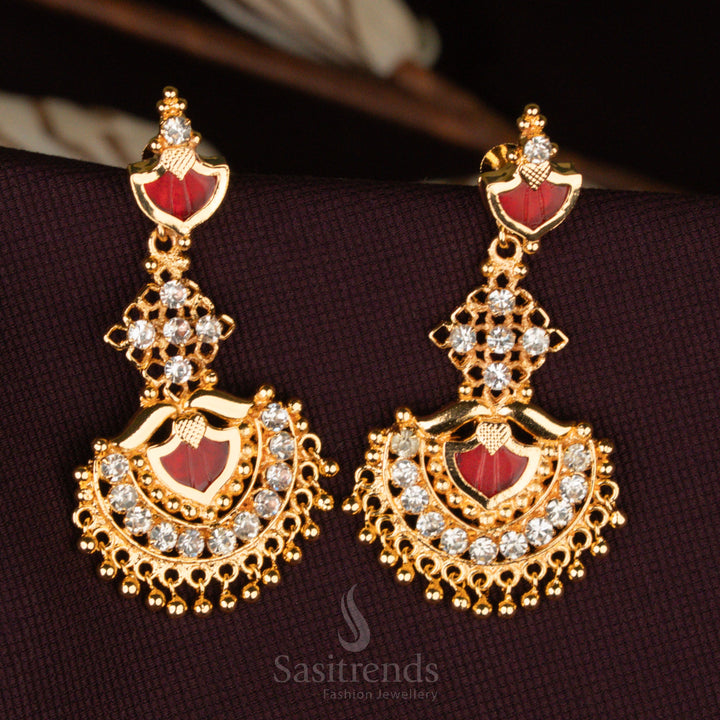 Temple wear Palakka Hanging Earrings, showcasing intricate gold craftsmanship, premium AD stone accents, and delicate golden beads – Sasitrends