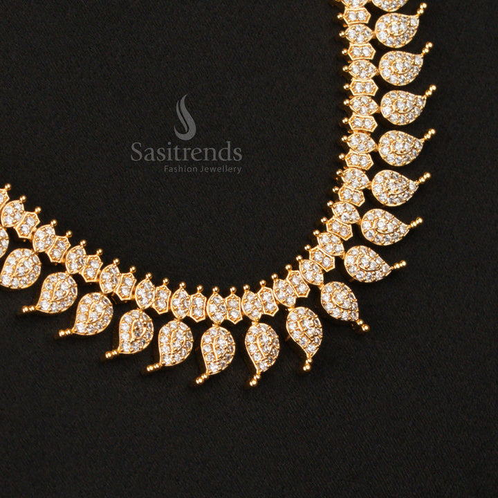 Elegant micro gold plated American Diamond leaf mango short haram necklace set, featuring sparkling pearl-white stones