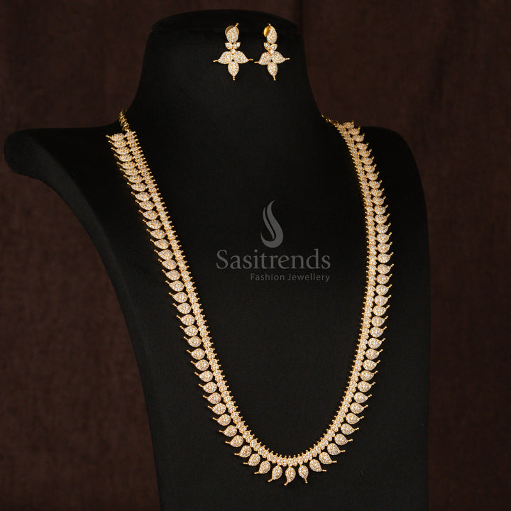 Classic pearl-white American Diamond gold plated mango leaf Long haram necklace set, exuding a timeless appeal, perfect for elegant traditional jewellery lovers