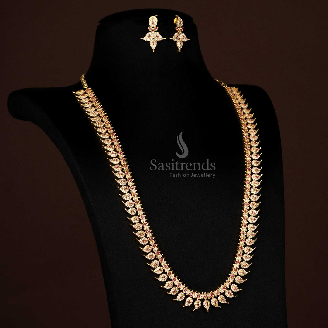American Diamond Micro Gold Plated Leaf Mango Pattern Short Long Haram  Necklace Jewellery Set Sasitrends