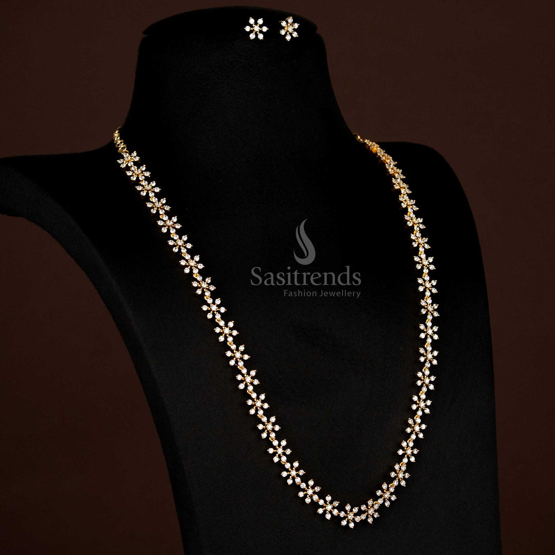 Extended view of the continuous floral American Diamond micro gold plated chain necklace, highlighting its intricate links.
