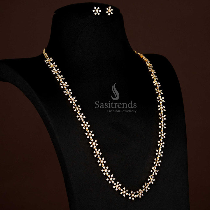 Dazzling Floral American Diamond Micro Gold Plated Chain Necklace Set with Studs - Looks Like Real Gold  - Sasitrends