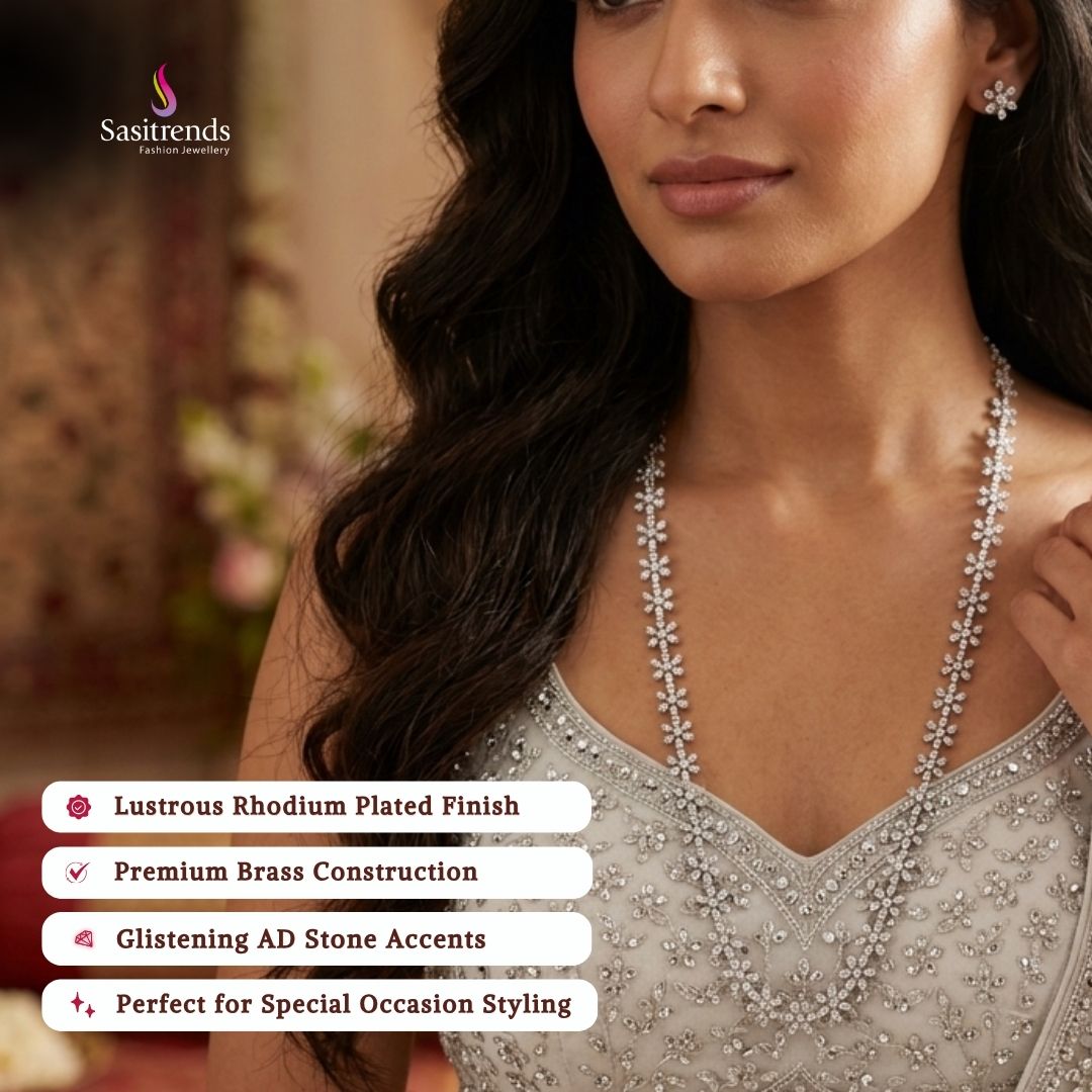 Engagement wear rhodium silver plated AD stone necklace set - Sasitrends