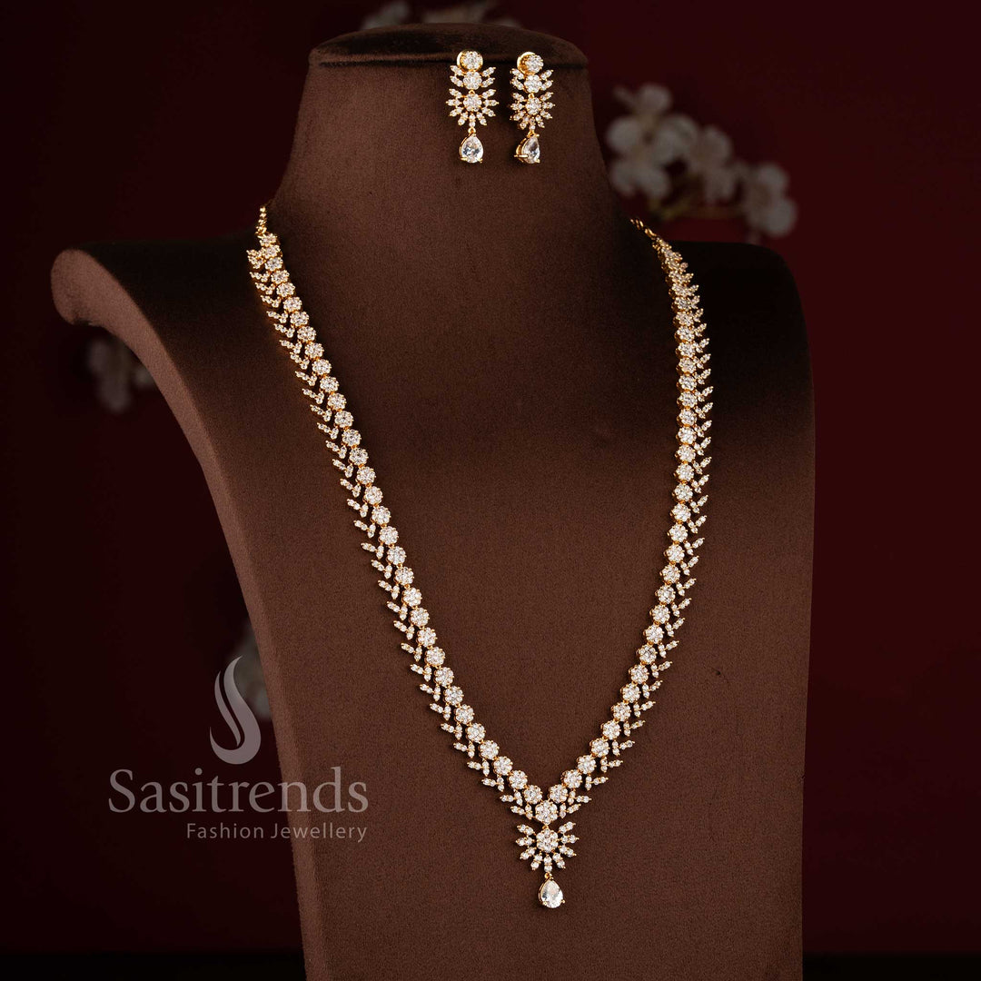 Stylish micro gold plated wedding jewellery set with brilliant white American Diamond clusters.