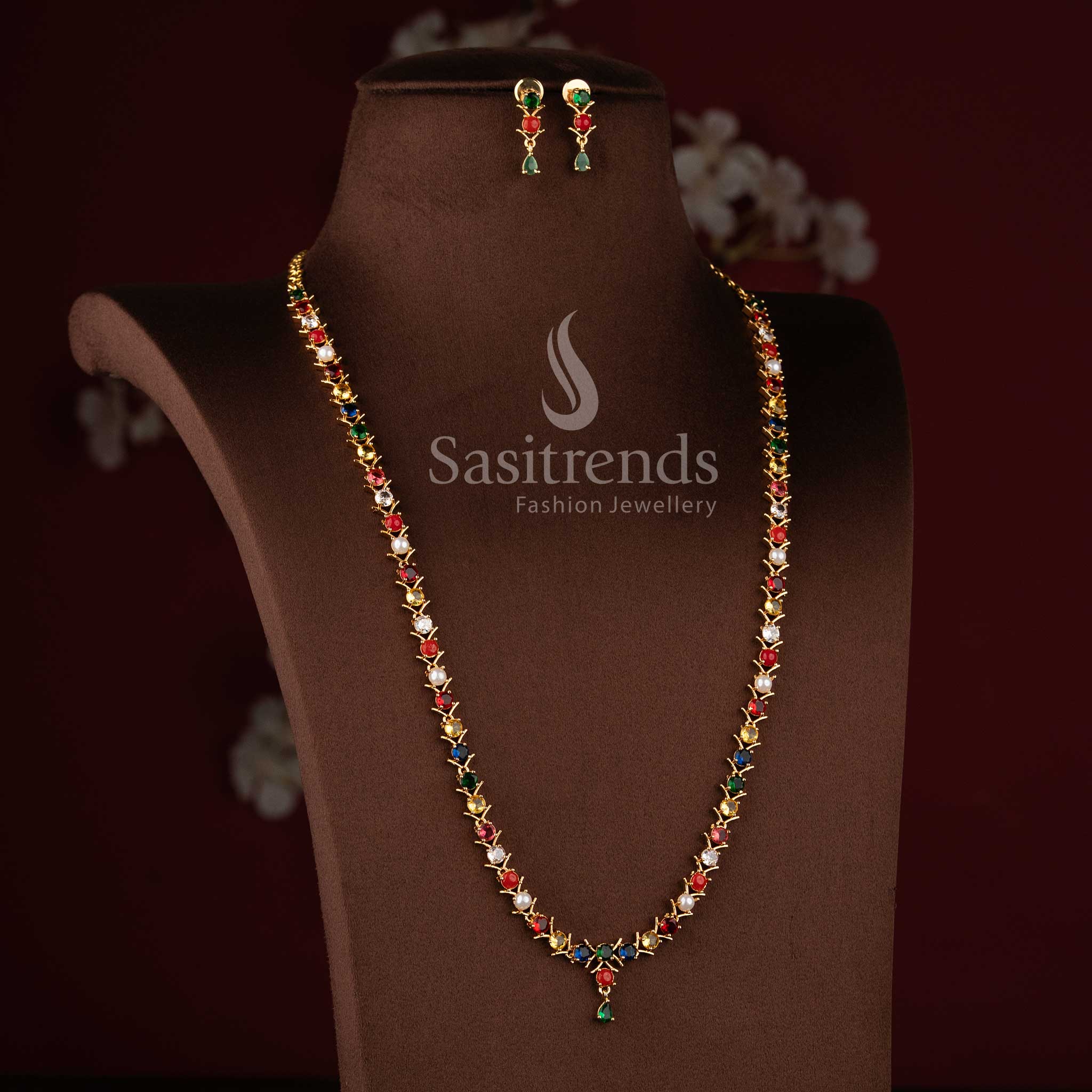 Traditional micro gold plated Navarathna long necklace set with colorful stones and American Diamonds.
